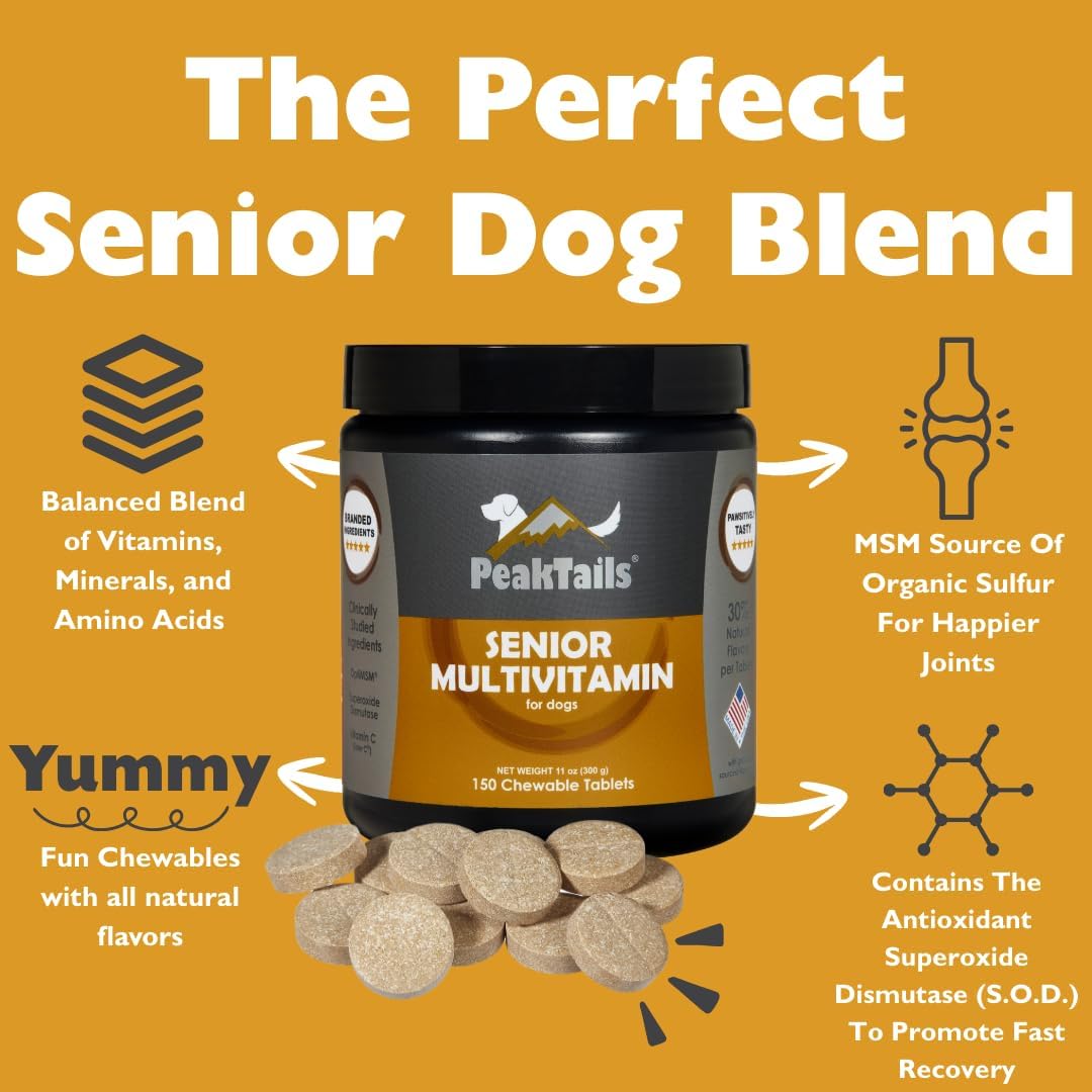 Multivitamínico Senior para Perros – 150 Comprimidos con MSM, SOD, Vitamina C y 19 Nutrientes Esenciales – Apoya la Salud Articular y el Bienestar General