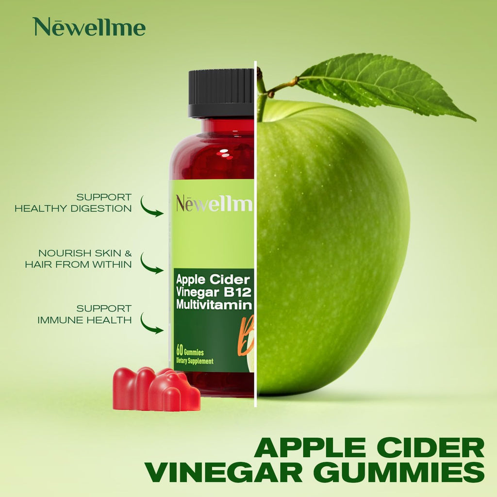 NEWELLME Apple Cider Vinegar Gummies B12 Multivitamin -ACV Supplement Gummy Vitamins, Energy & Detox | Vegan, Non-GMO & Gluten-Free (30)
