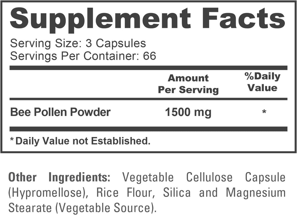 NusaPure Polen de Abeja 1500mg 200 Cápsulas Vegetales (Vegano, Sin OGM)