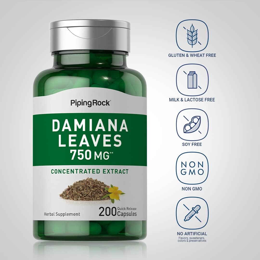 Cápsulas de Hoja de Damiana de Piping Rock | 200 Cápsulas | Extracto de Hierba | No Transgénico, Sin Gluten