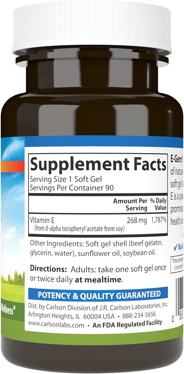 Carlson E-Gems, 400 UI (268 mg) de Vitamina E, 90 Cápsulas Blandas
