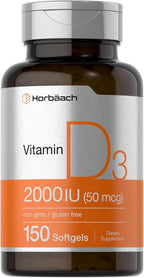 Horbaach Vitamina D3 2000 UI Cápsulas Blandas | 150 Unidades | 50 mcg Colecalciferol | No Transgénico y Sin Gluten