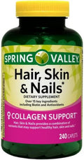 Spring Valley - Cabello, Piel y Uñas, Más de 20 Ingredientes Incluyendo Biotina y Colágeno, 240 Comprimidos