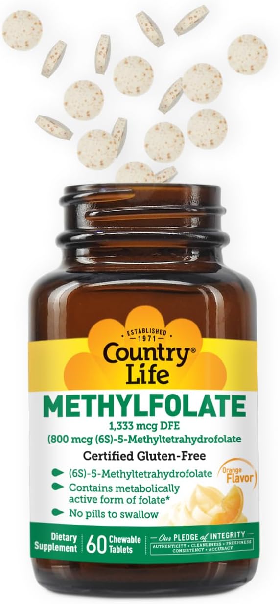 Country Life Metilfolato Masticable - Folato Activo con Vitamina B12 - Sabor Naranja - Sin Gluten - Vegano - 60 Comprimidos