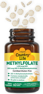 Country Life Metilfolato Masticable - Folato Activo con Vitamina B12 - Sabor Naranja - Sin Gluten - Vegano - 60 Comprimidos