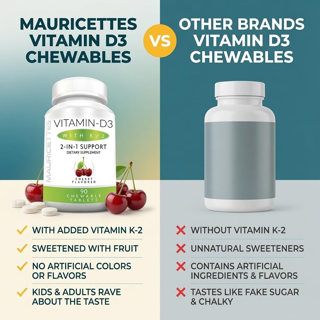 Mauricettes Vitamina D3 + K2 (MK-7) Masticable, 2000 UI, 90 Comprimidos con Sabor a Cereza