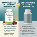 Mauricettes Vitamina D3 + K2 (MK-7) Masticable, 2000 UI, 90 Comprimidos con Sabor a Cereza
