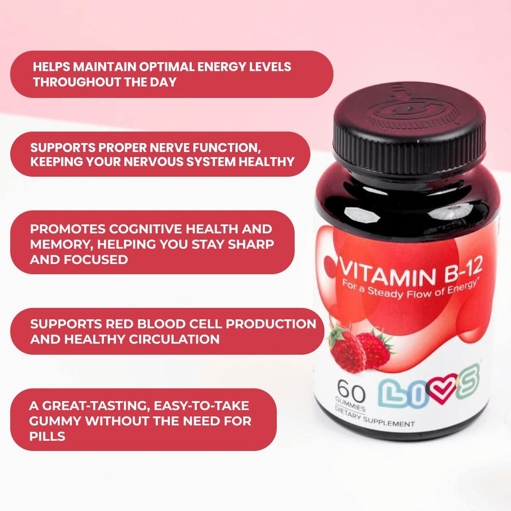 LIVS Vitamina B12 Gummies - 1500 mcg de Metilcobalamina Vegana - Suplemento para Energía, Metabolismo y Nervios - 60 Gominolas Sabor Frambuesa