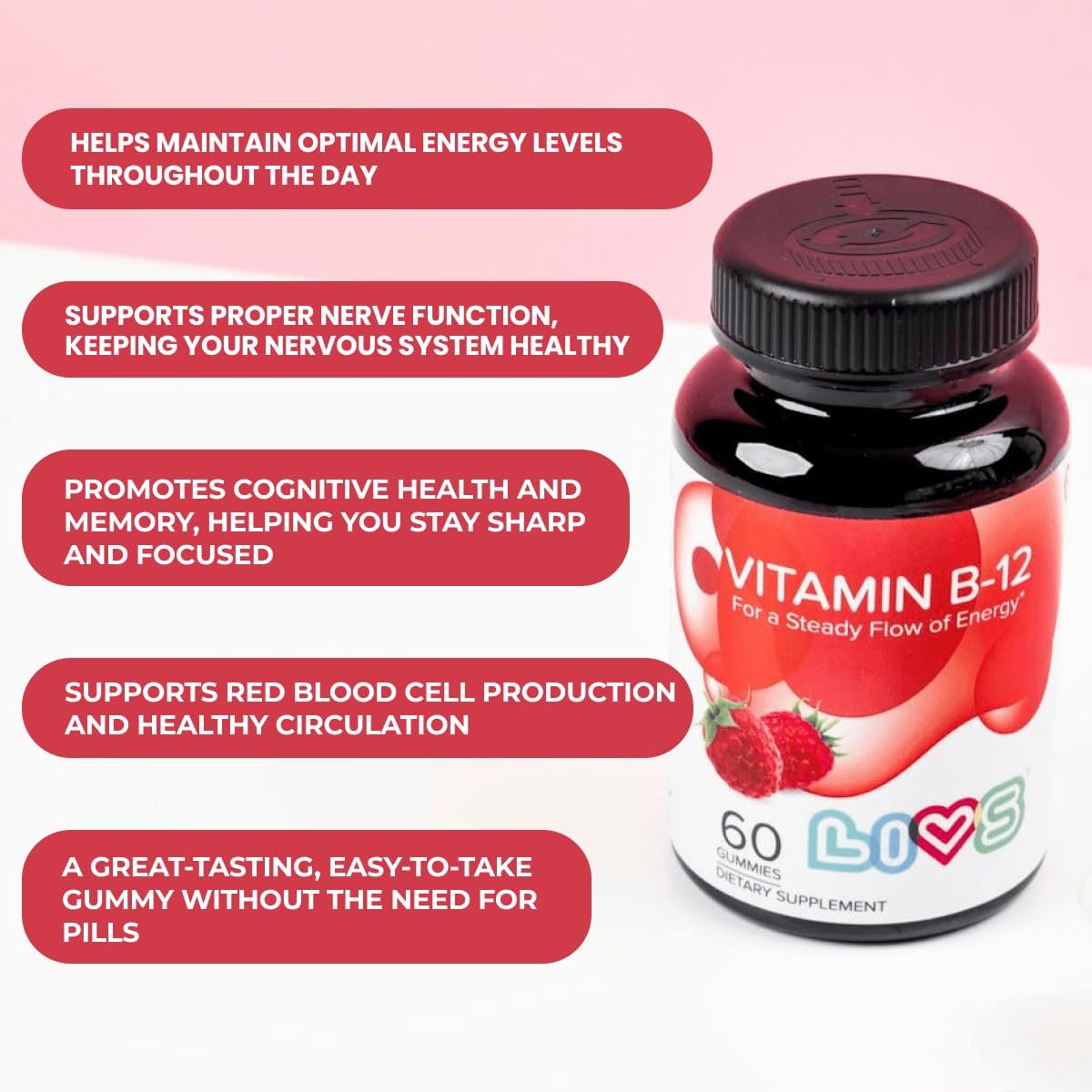 LIVS Vitamina B12 Gummies - 1500 mcg de Metilcobalamina Vegana - Suplemento para Energía, Metabolismo y Nervios - 60 Gominolas Sabor Frambuesa