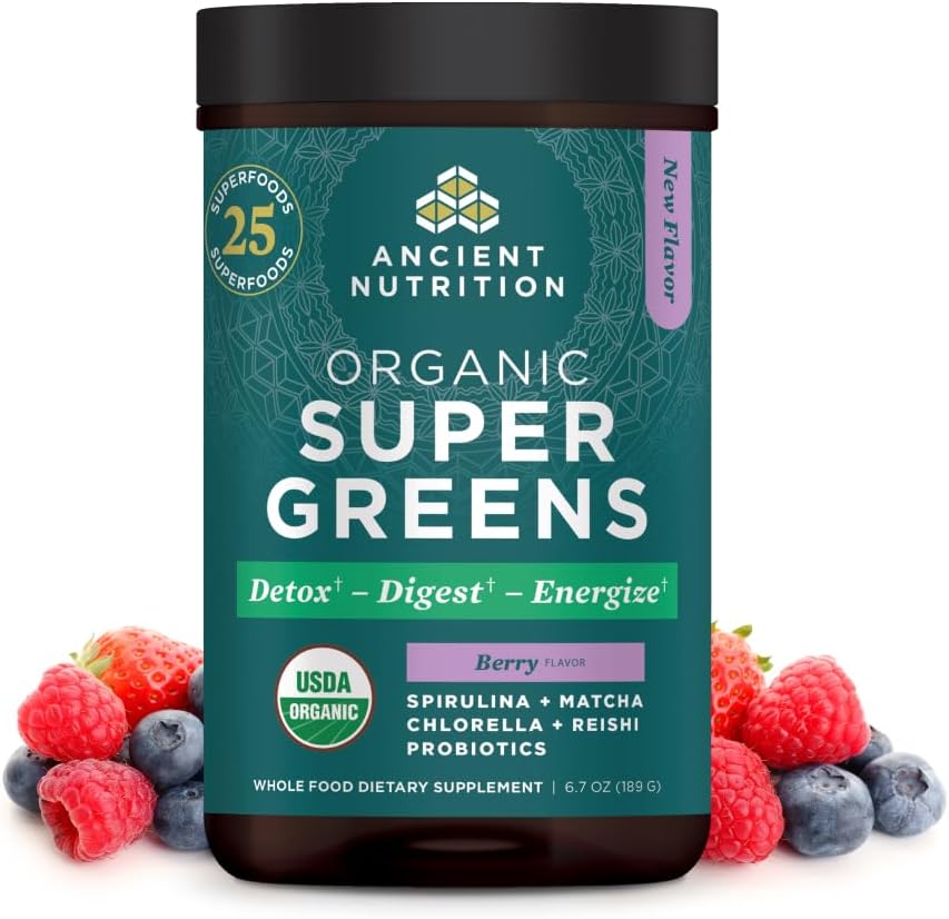 Ancient Nutrition SuperGreens en Polvo con Probióticos, Sabor Berry Orgánico, 12 Porciones, 91g