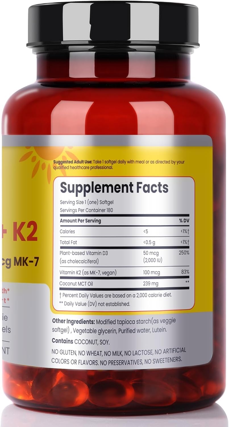 FAMILI+ Vitamina D3+K2 Vegano, 2000 UI D3 + 100 mcg K2 MK-7, 180 Cápsulas Blandas Vegetales