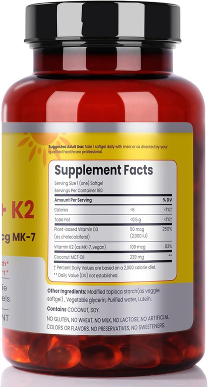 FAMILI+ Vitamina D3+K2 Vegano, 2000 UI D3 + 100 mcg K2 MK-7, 180 Cápsulas Blandas Vegetales – Image 10