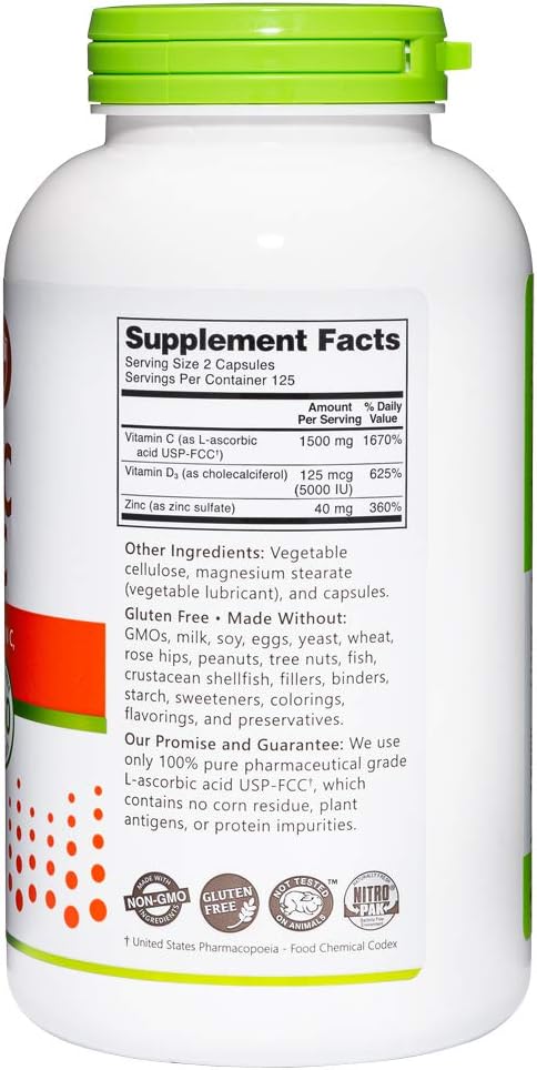 NutriBiotic – Vitamina C + Vitamina D3 y Zinc, 250 Cápsulas