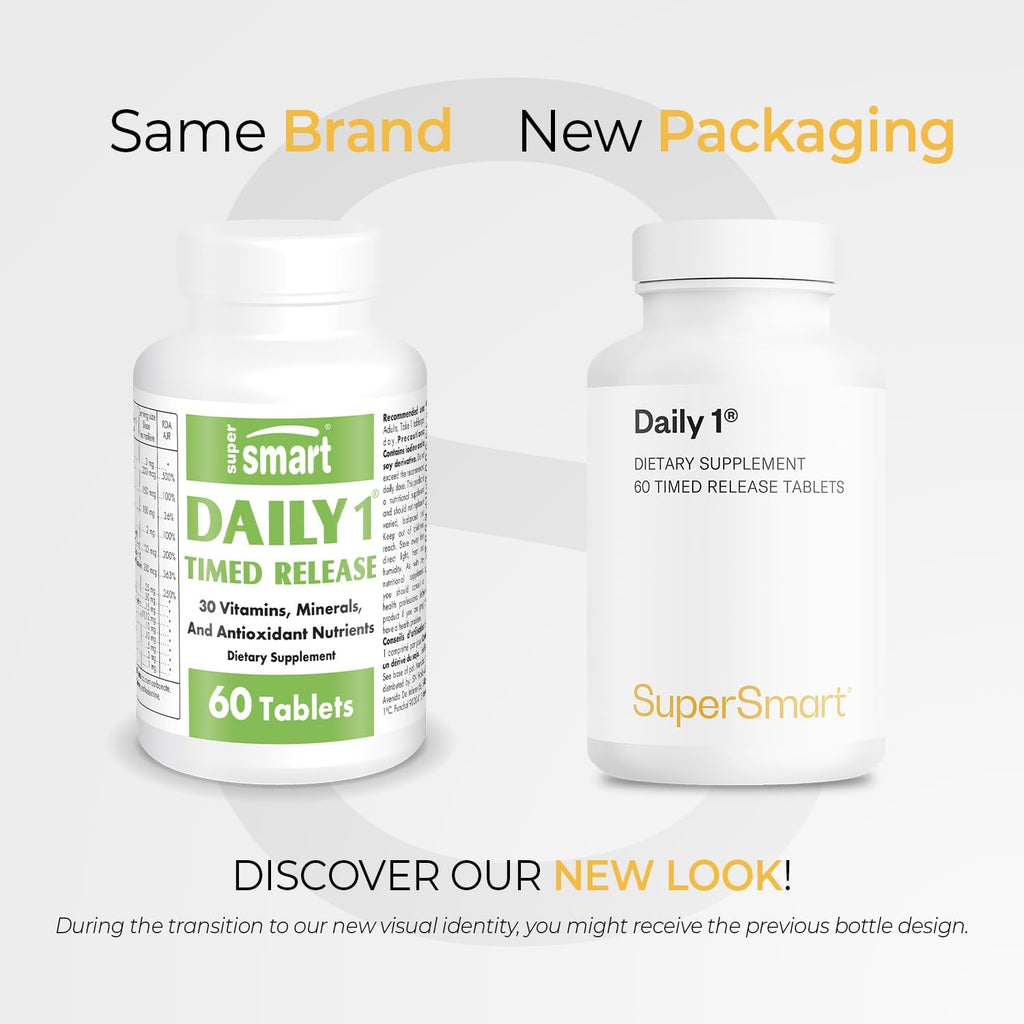Supersmart - Daily 1® Timed Release - Multivitamínico para Hombres y Mujeres con BioPQQ, Vitaminas A, B, C, D, E, Biotina, Quercetina y Fisetina - 60 Comprimidos