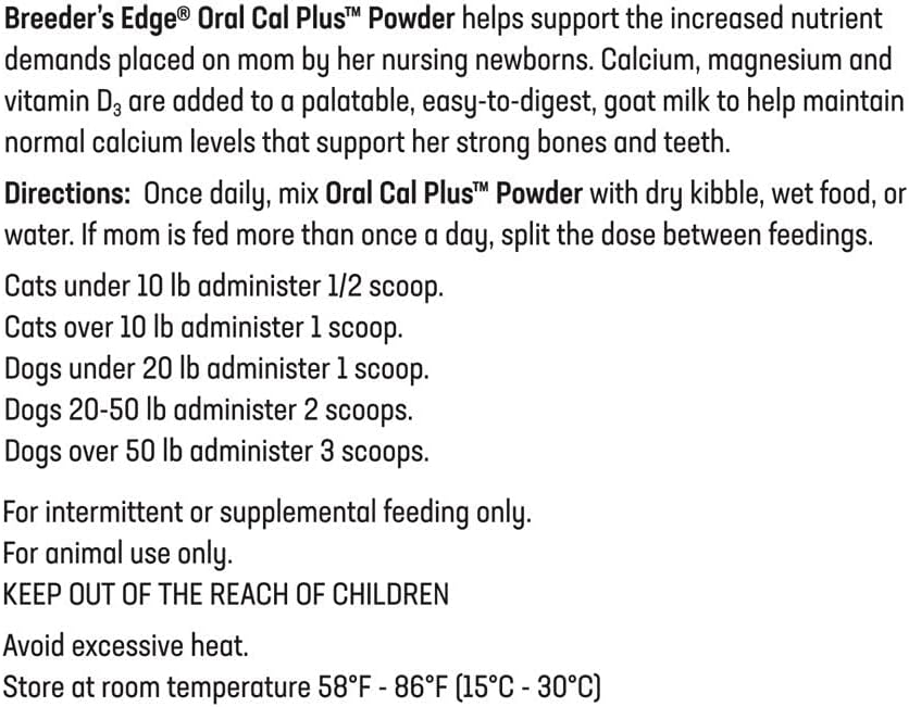 Breeder’s Edge Oral Cal Plus Powder - Calcio y Vitamina D3 para Perros y Gatos Lactantes, 300g