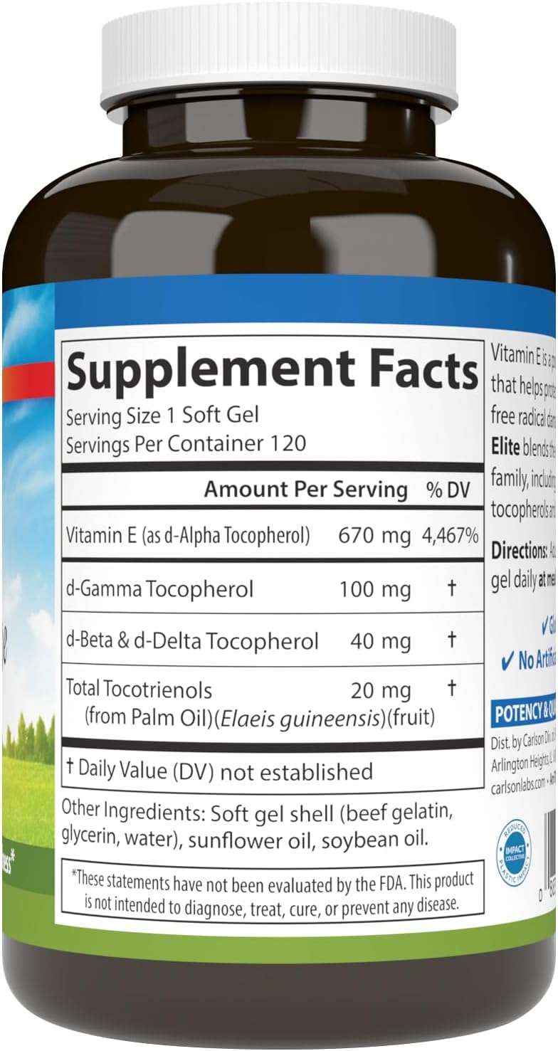 Carlson E-Gems Elite, Vitamina E 1000 UI con Tocoferoles y Tocotrienoles, Salud Cardiovascular y Bienestar Óptimo, Antioxidante, 120 Cápsulas