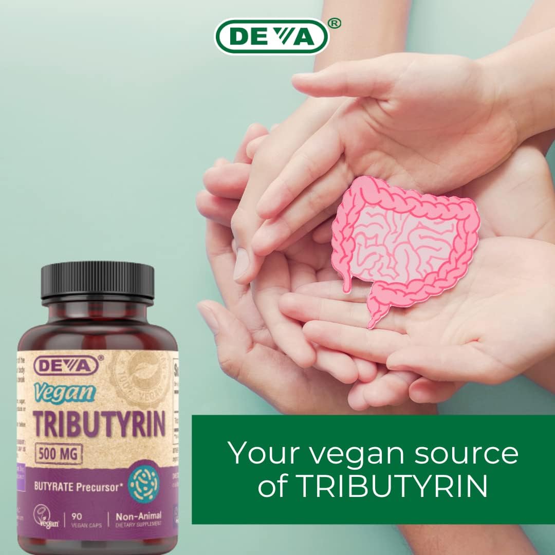 DEVA Tributirina Vegana 500 mg - Precursor de Butirato, 90 Cápsulas (Pack de 2)