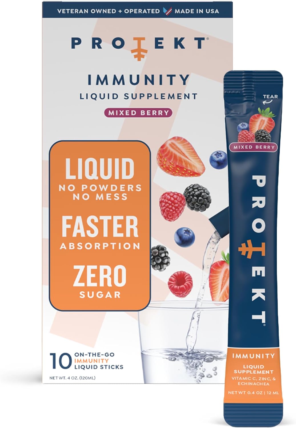 PROTEKT Suplemento Líquido de Apoyo Inmunológico - Mezcla Líquida, Sin Azúcar, con Vitamina C y Zinc, Sabor Mixed Berry, 10 sobres