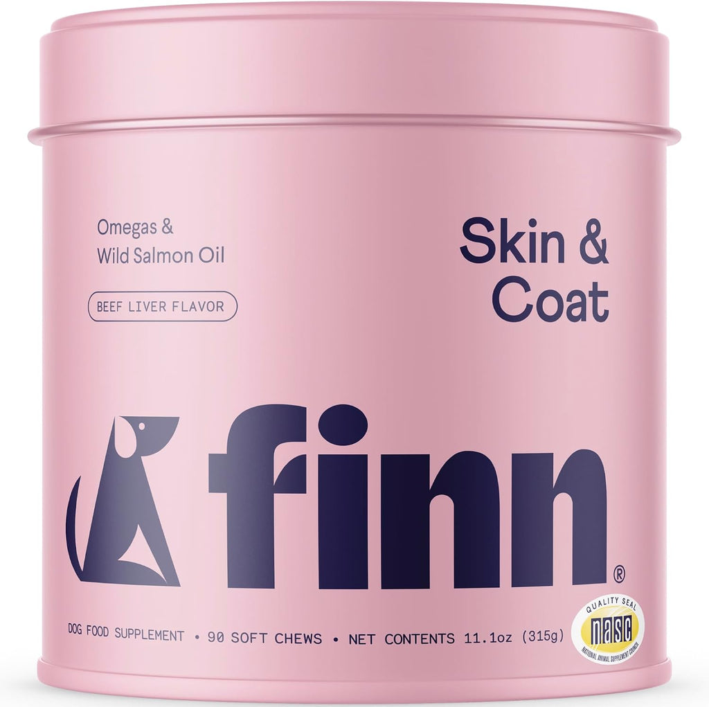 Finn Masticables de Aceite de Salmón para Perros – Piel y Pelaje – Omega-3 EPA y DHA – 90 unidades – Biotina, Zinc y Vitaminas B – Salmón Salvaje de Alaska – Certificado NASC – Formulado por Veterinarios