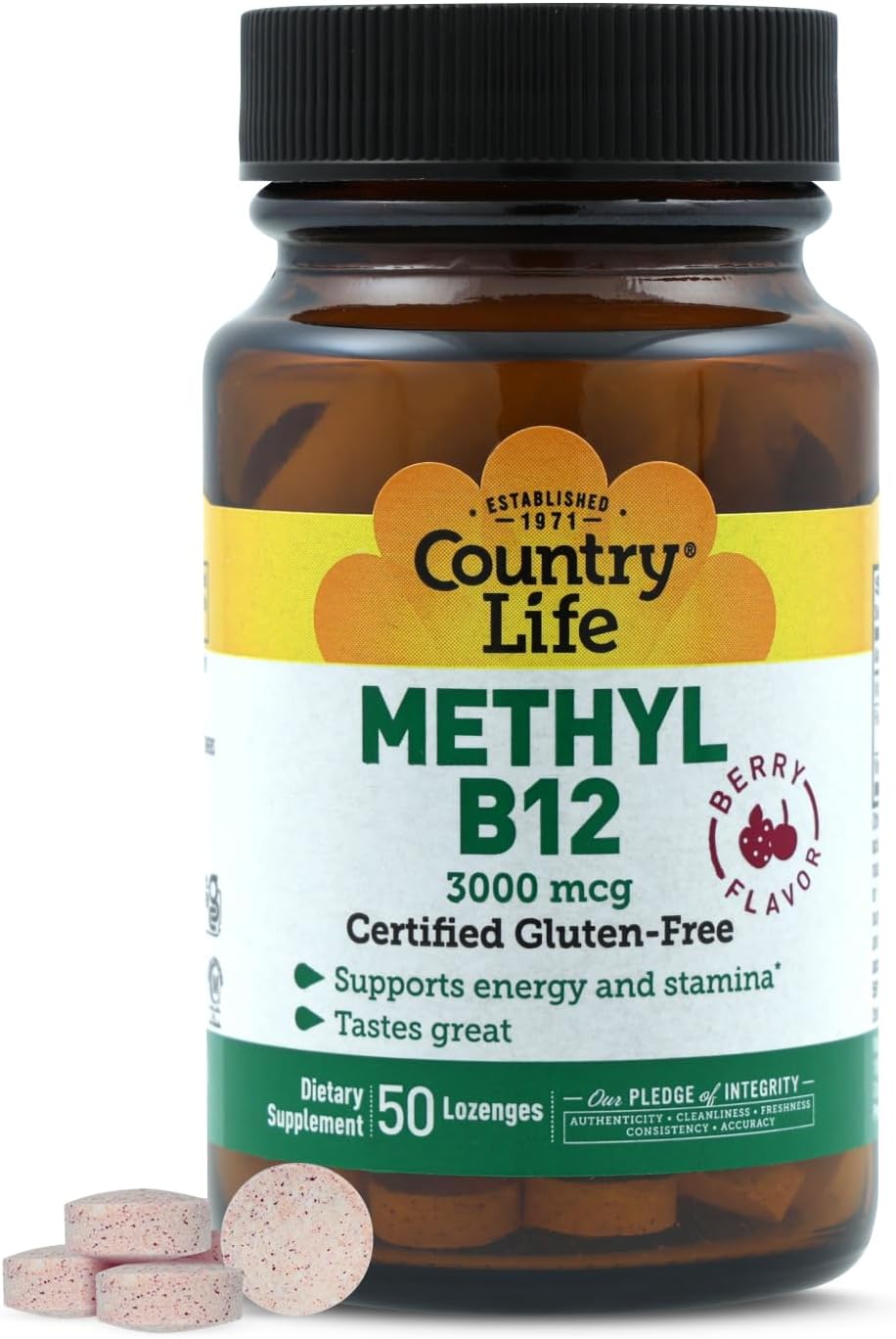 Country Life Methyl B-12 3000 mcg Comprimidos – Metilcobalamina para Energía y Metabolismo – 50 Comprimidos