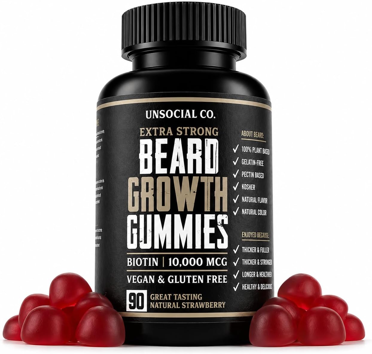 Unsocial Club Gominolas para el Crecimiento de Barba 90 ct | 10,000 mcg Biotina | Vitamina B7 | Vegano, Kosher y Sin Gluten | Sabor Fresa Natural