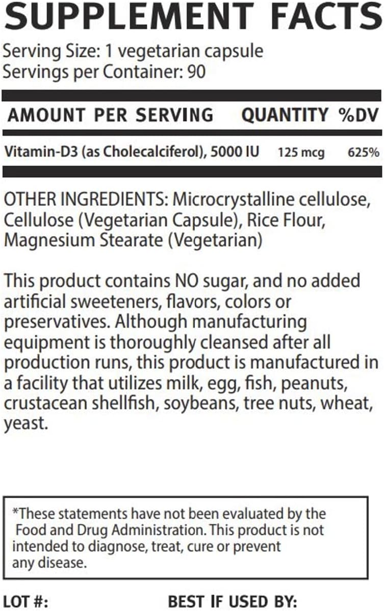 Vitamina D3 5000 UI - 90 Cápsulas Veganas para 3 Meses - VitalRemedyMD