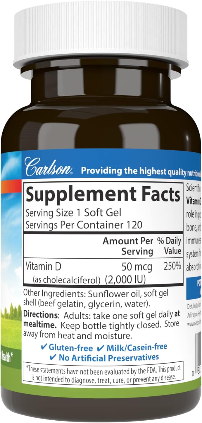 Carlson Vitamina D3 2000 UI (50 mcg) - 120 Cápsulas Blandas