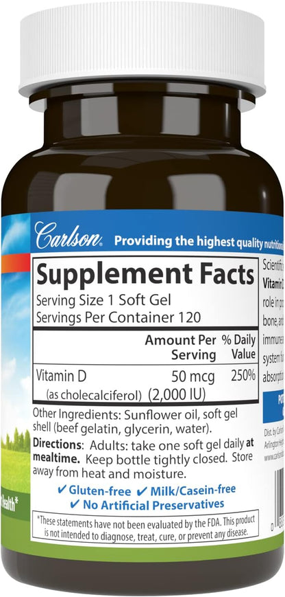 Carlson Vitamina D3 2000 UI (50 mcg) - 120 – El mantenimiento de los niveles normales de calcio en sangre. – Image 2