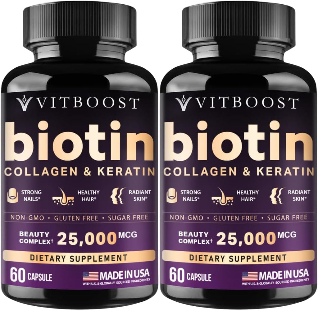 Vitboost Biotina con Ácido Hialurónico, Colágeno y Queratina – 25000 mcg, 120 Cápsulas