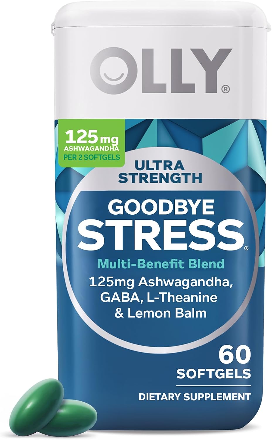 OLLY Ultra Strength Goodbye Stress Softgels - Complemento para el Estrés con GABA, Ashwagandha y L-Teanina, 60 Cápsulas