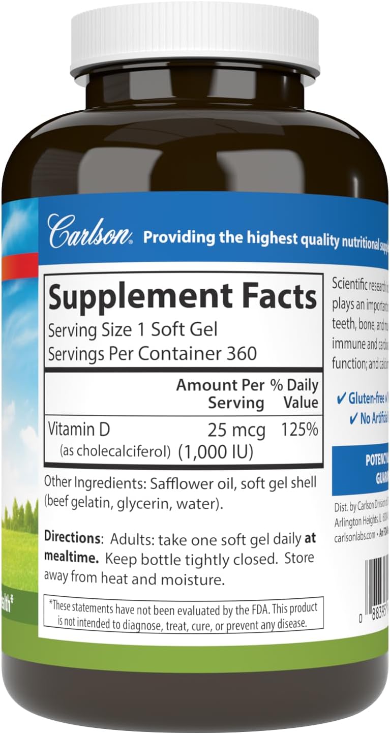 Carlson Vitamina D3 1000 IU (25 mcg) - 360 Cápsulas Blandas