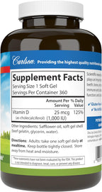 Carlson Vitamina D3 1000 IU (25 mcg) - 360 Cápsulas Blandas