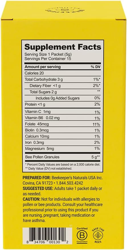 Beekeeper's Naturals - Polen de Abeja 100% Crudo en Sticks, Enzimas Naturales, Fuente de Vitaminas B, Minerales, Aminoácidos y Proteína - Apto para Paleo y Keto, Sin Gluten (15 unidades)