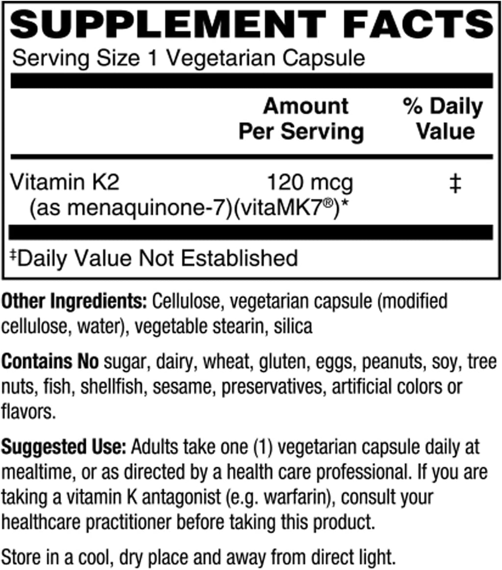 Holly Hill Health Foods Vitamina K2, 120 mcg, con vitaMK7® K2, 60 Cápsulas Vegetales