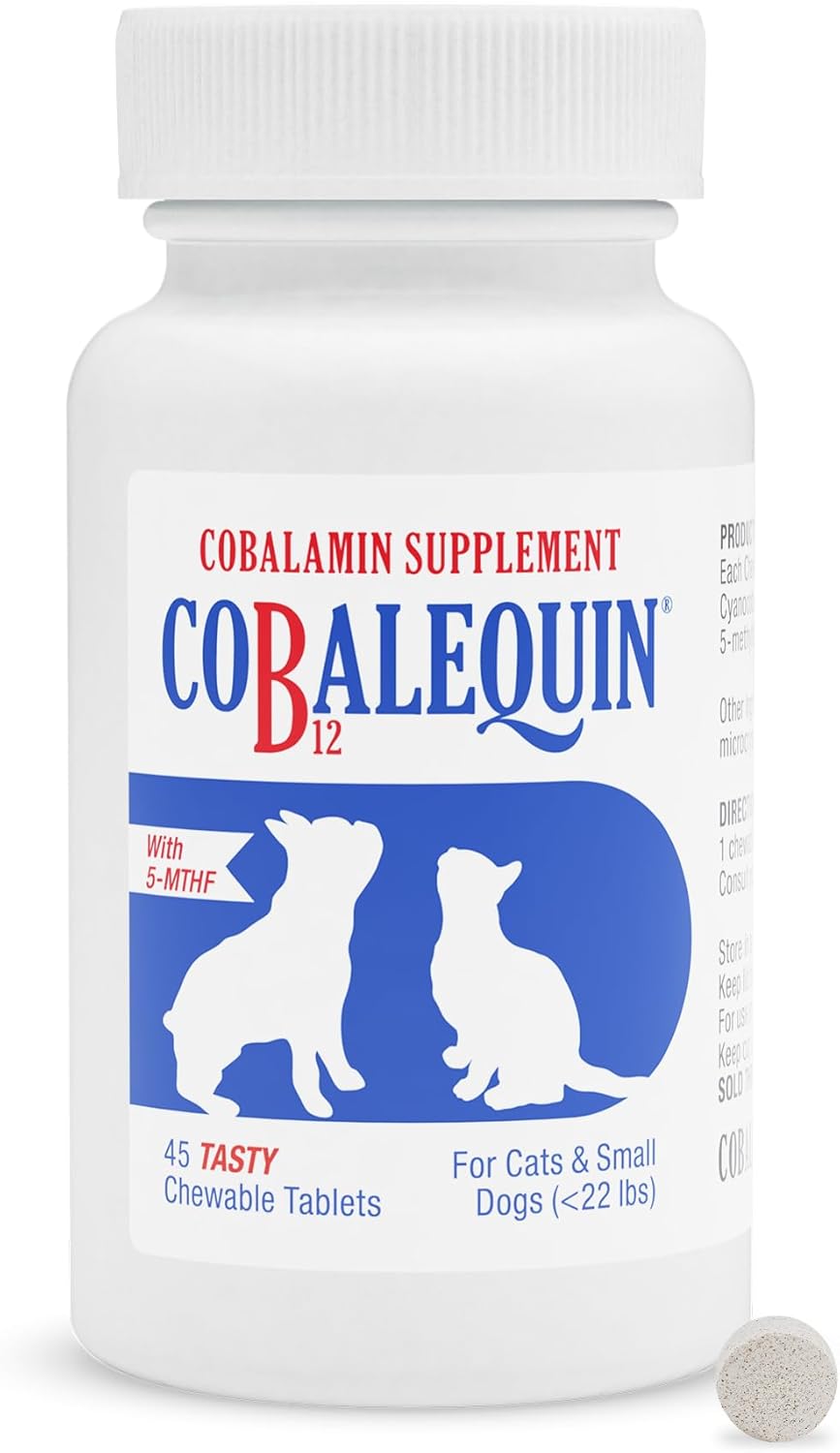 Nutramax Cobalequin B12 para Perros y Gatos, Suplemento Oral de Cobalamina con Folato, Vitamina B12 para Perros Menos de 10 kg y Gatos, Apoya la Salud Gastrointestinal, Comprimidos Masticables, 45 Unidades