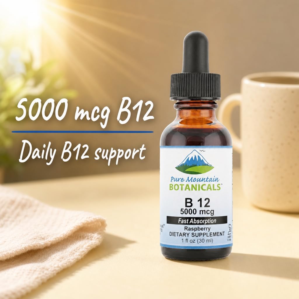 Pure Mountain Botanicals Vitamina B12 5000 mcg Gotas Líquidas – Sabor Natural a Bayas – 30 Dosis