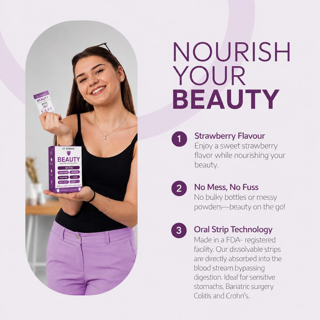EZ VITAMINS Tiras Orales de Biotina, Vitamina E, Colágeno y Folato - Sabor Fresa - 30 Tiras