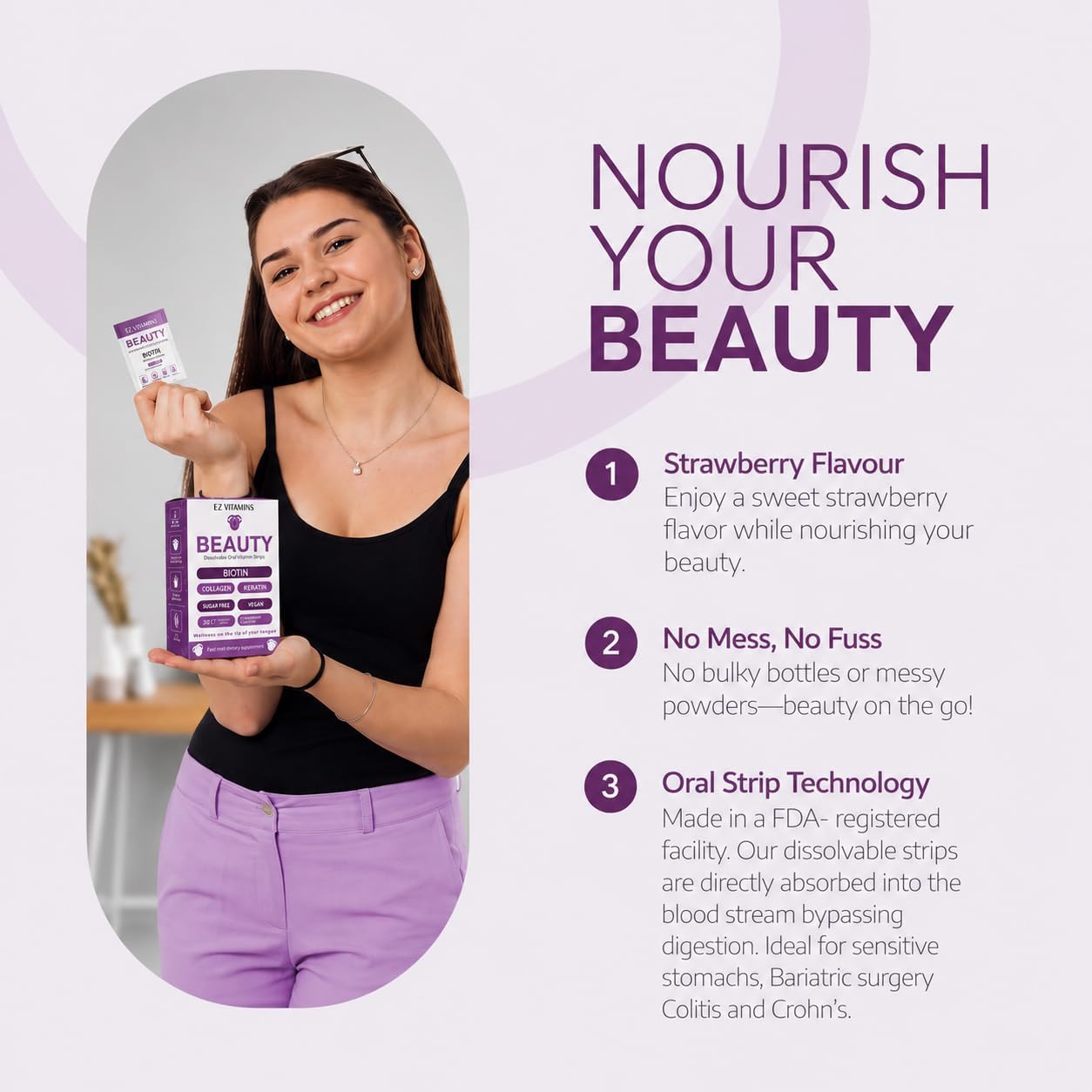 EZ VITAMINS Tiras Orales de Biotina, Vitamina E, Colágeno y Folato - Sabor Fresa - 30 Tiras