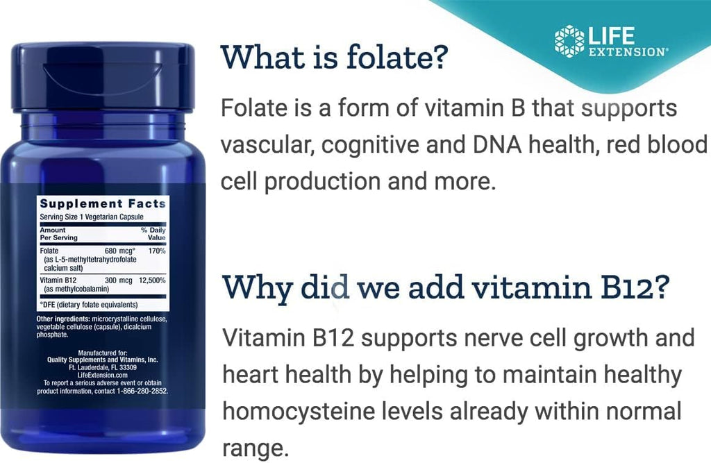 Life Extension BioActive Folate & Vitamin B12, 150 Cápsulas Vegetales (Pack de 2)