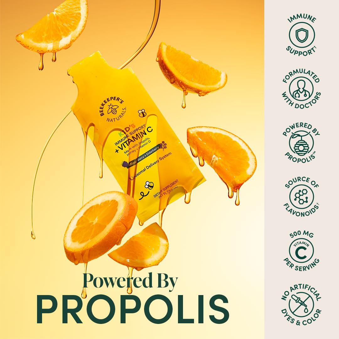 Kid's Immune Liposomal Vitamin C de Beekeeper's Naturals - 500 mg de Vitamina C con Saúco, Vitamina D, Propóleo y Miel - Sabor a Frutos del Bosque - 12 Sobres