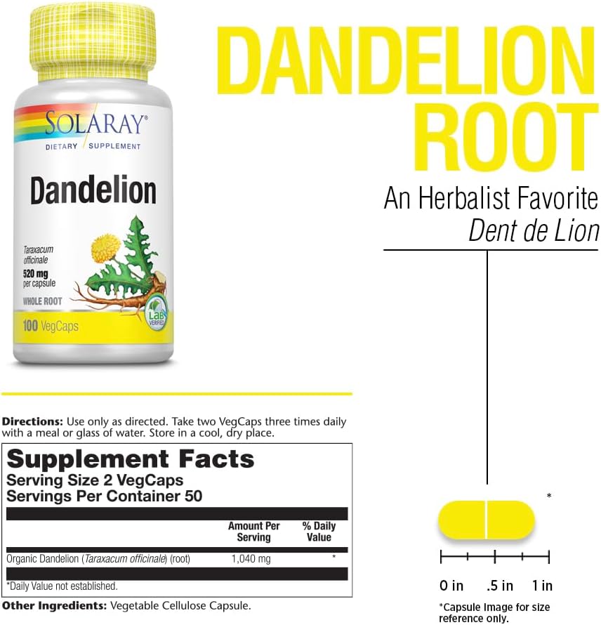 Dandelion Root SOLARAY | Liver, Kidney, Digestion & Water Balance Support | Non-GMO, Vegan, 100 Veggie Capsules