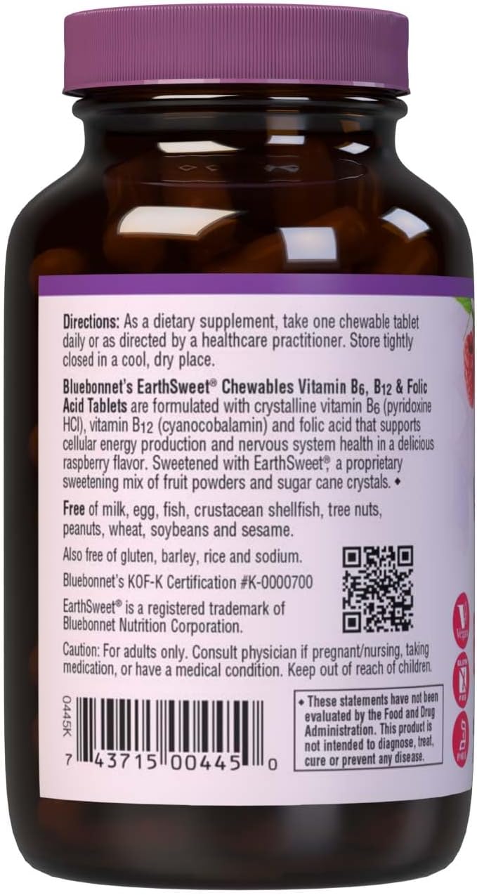 Bluebonnet Nutrition EarthSweet Vitamin B6, B12 plus Ácido Fólico Comprimidos Masticables - 60 Comprimidos, Sabor Frambuesa
