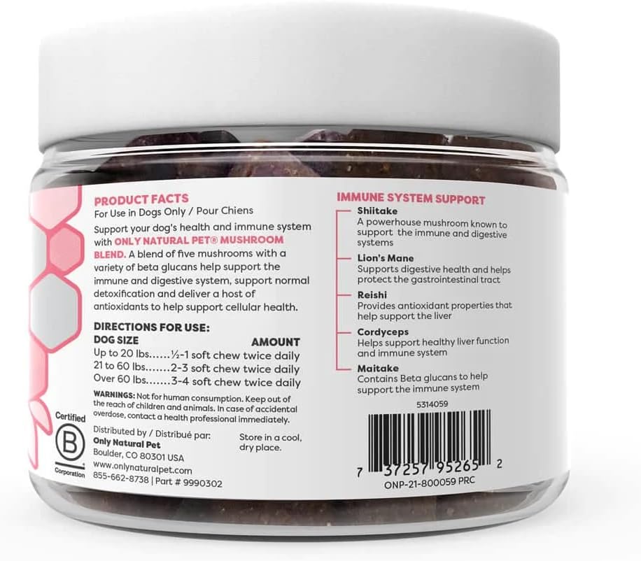 Only Natural Pet Mezcla de Hongos para Perros - Apoyo Inmunológico, Digestivo y Celular - 60 Gomitas Suaves Sabor Bacon