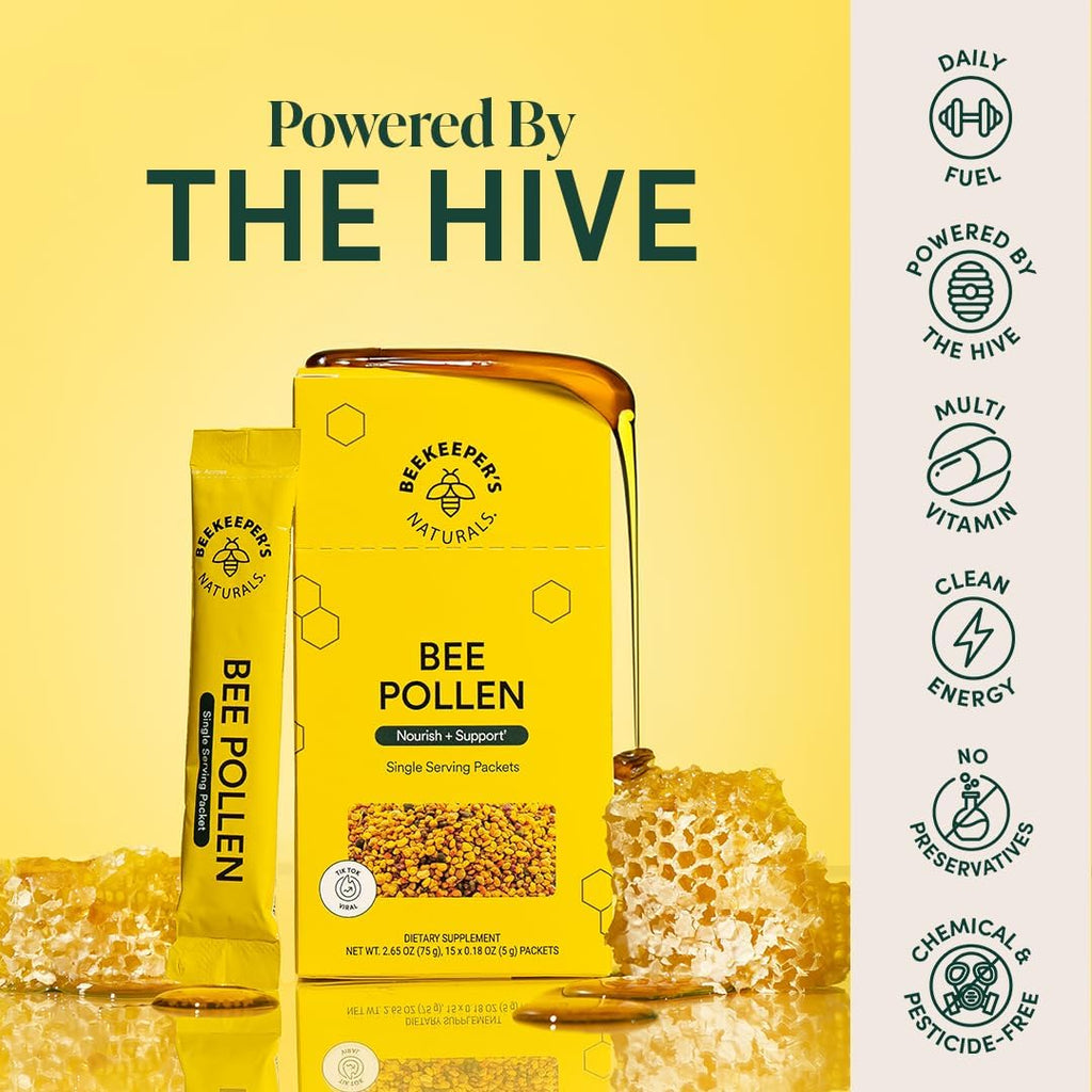 Beekeeper's Naturals - Polen de Abeja 100% Crudo en Sticks, Enzimas Naturales, Fuente de Vitaminas B, Minerales, Aminoácidos y Proteína - Apto para Paleo y Keto, Sin Gluten (15 unidades)