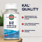KAL Vitamina B12 1000mcg, Liberación Sostenida – Apoyo Energético y Nervioso, Vegano, 100 Comprimidos