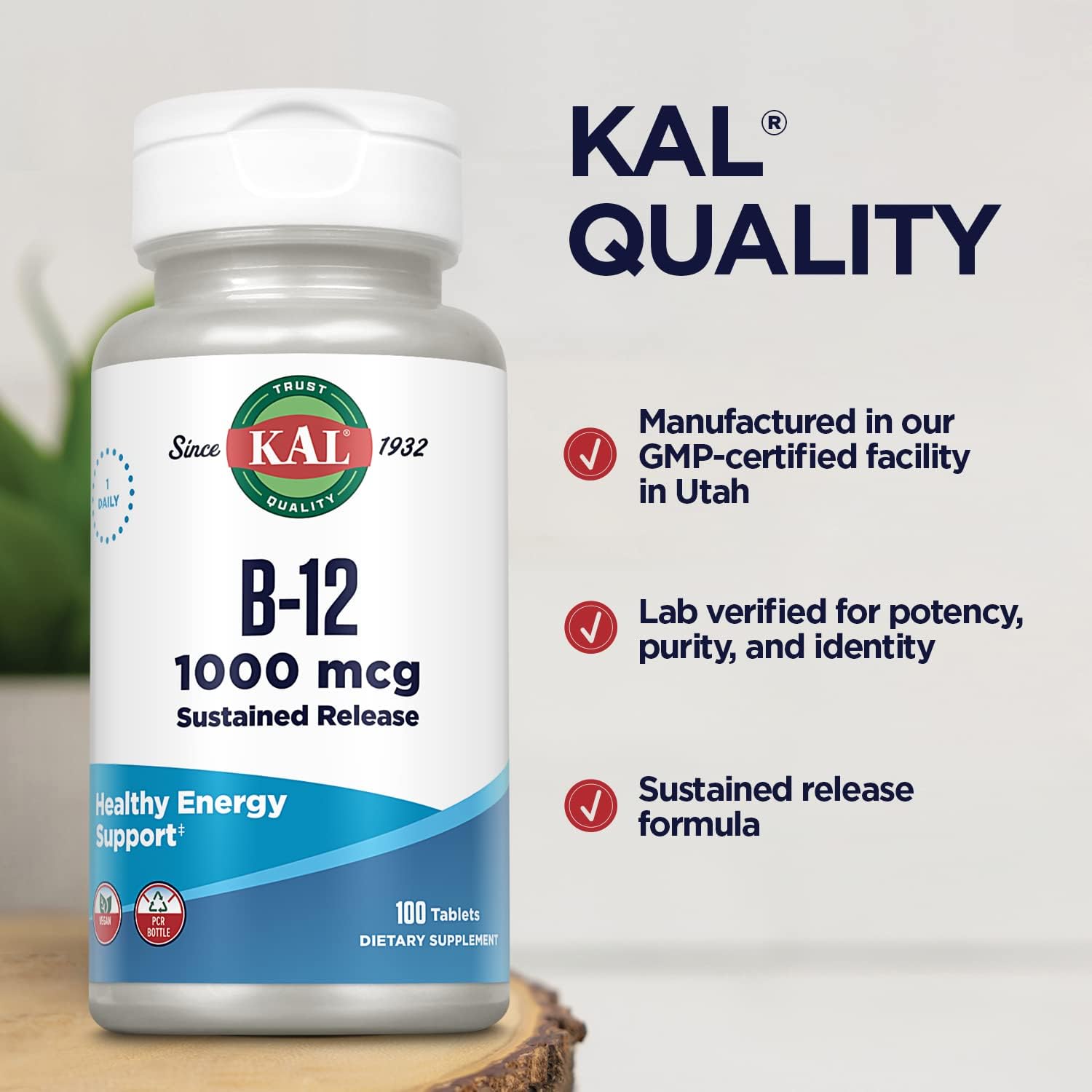 KAL Vitamina B12 1000mcg, Liberación Sostenida – Apoyo Energético y Nervioso, Vegano, 100 Comprimidos