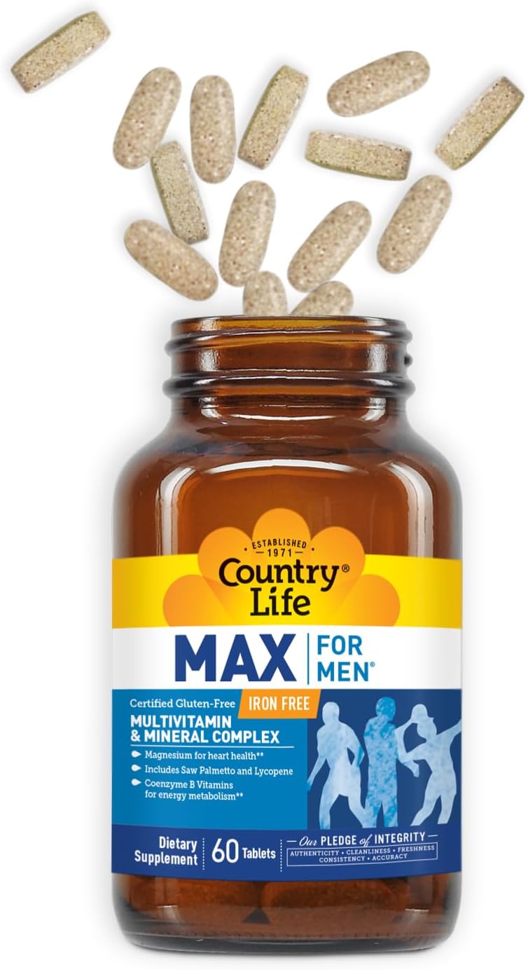 Country Life Max for Men – Complejo Multivitamínico y Mineral, Sin Hierro, 60 Comprimidos Vegetarianos