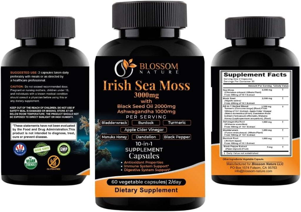 10-en-1 Irish Sea Moss Cápsulas Vegetales 3000mg con Aceite de Semilla Negra, Ashwagandha, Bladderwrack, Bardana, Cúrcuma, Vinagre de Manzana, Miel de Manuka, Diente de León y Pimienta Negra - Fabricado en EE. UU.