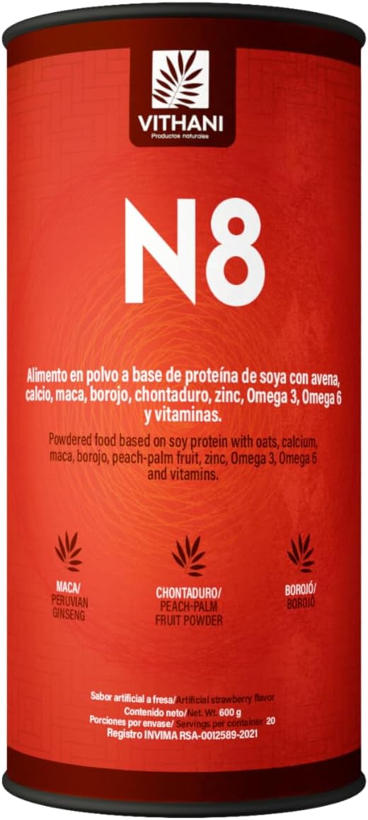 Vithani N8 Multivitamínico en Polvo con Maca, Borojó, Chontaduro, Zinc y Omega 3 - Sabor Fresa