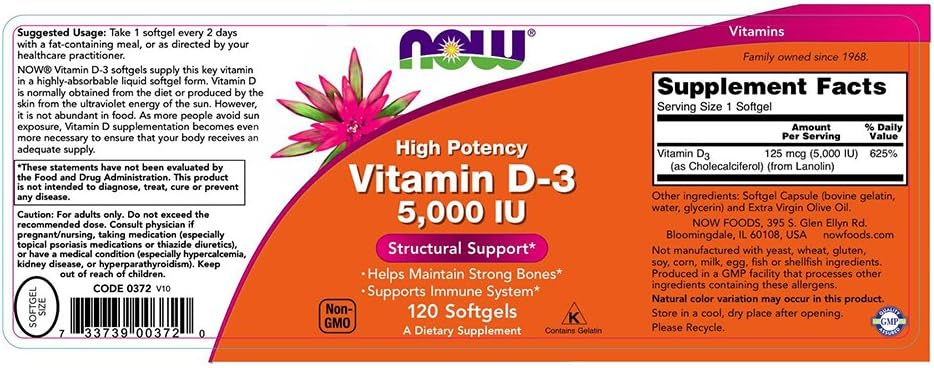 NOW Vitamin D-3 5.000 UI, 120 Cápsulas Blandas